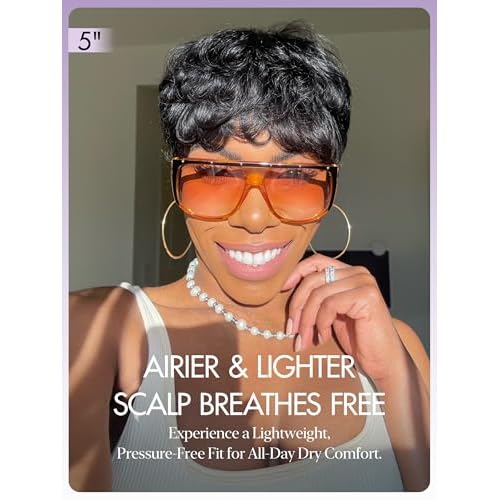 LUVME HAIR Ultra Comfort Throw On & Go Short Pixie Cut with Bangs 5 Inches Skin Friendly Cotton Cap 100% Real Human Hair Glueless Wig Glueless Wig Hair Loss Friendly Full Machine Made 22.5 Wig Cap