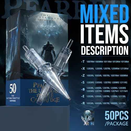 PFARRER Tattoo Cartridge Needles Assorted Bugpin Tattoo Needle Cartridge Assorted 50pcs (1003RL 1005RL 1007RL 1007RM 1009RM) Round Liner/Round Magnum 0.3mm RL+RM Tattoo Supplies EN01P-50KIT-Z