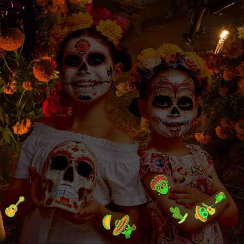 Partywind 100 Styles Luminous Day of the Dead Tattoos for Kids, Glow Halloween Day of the Dead Decorations Party Supplies Favors, Halloween Day of the Dead Costume Makeup
