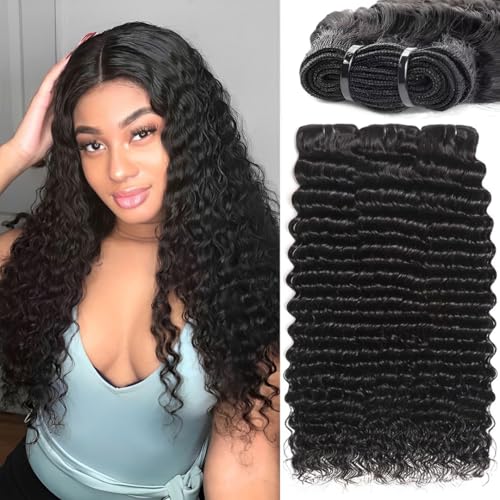 Deep Wave Human Hair Bundles 18 20 22 Inch Deep Curly Bundles Human Hair 12A Unprocessed Brazilian Virgin Weave 3 Bundles Double Weft Remy Hair Bundles Full and Thick