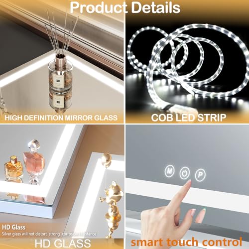 Vanity Mirror with Lights, 15"¡¿ 11" LED Makeup Mirror, Lighted Makeup Mirror with Lights, Smart Touch Control Dimmable 3 Modes Light 360¡ÆRotation White