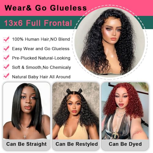14 Inch Deep Wave Lace Front Wigs - Pre Plucked 200 Density Bob Wig - Glueless, Short Curly Human Hair Wig - Natural Black