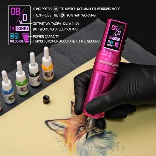WORMHOLE PRO 80PCS Tattoo Gun Kit with 7 Adjustable Strokes, 1,800 mAh Capacity Replacement Power Supply, Digital LED Display, 20Pcs Tattoo Needles for Artists - Pink