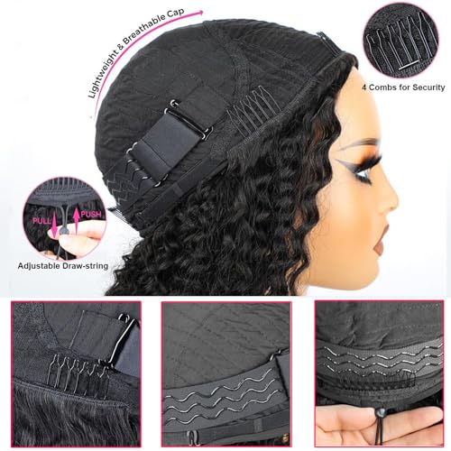 BLG Half Wig Human Hair 250% Density 15A Messy Water Wave Human Hair Flipover 3 In 1 Half Wigs 16 Inch Quick Install Wear and Go Drawstring Wig Beginners Friendly Glueless Wigs