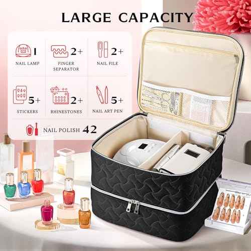 DreamGenius Nail Polish Organizer Case Holds 42 Bottles, Portable Double-Layer Nail Polish Storage Bag with Adjustable Dividers for Manicure Tools, Black