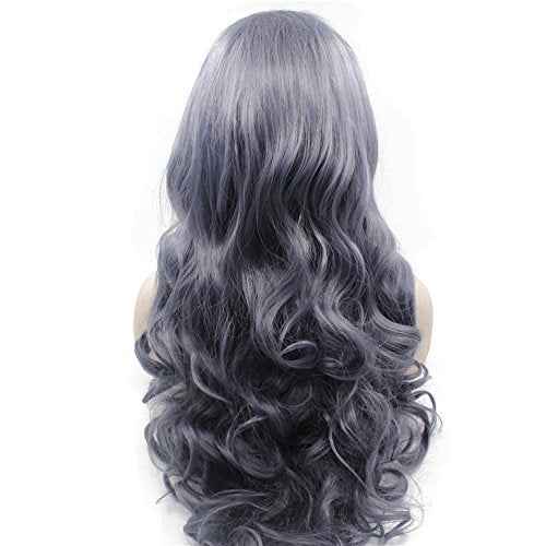 MX angel Long Wavy High Temperature Synthetic Lace Front Dark Grey Wig Natural Half Hand Tied Wavy Wig