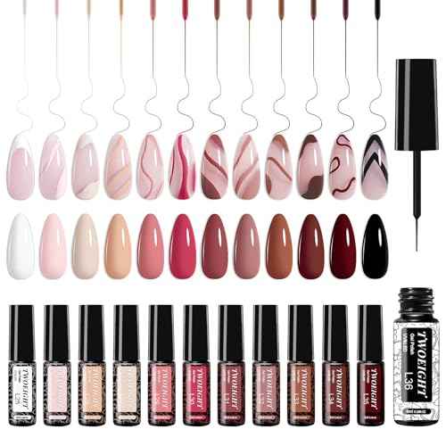 TWOEIGHT Gel Nail Polish Liner Nail Art 12 Colors 8ml UV Lamp Soak-off Polishes Pigmented Autumn Winter Brown Wine Red Collection Thin Brush in Bottle Manicure DIY at Home Salon