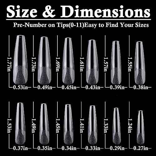 LoveOurHome 240pc XXL Coffin Nail Tips Clear Fake Nails Extra Long Press on Nails Coffin Acrylic Nail Full Cover Ballerina Artificial Fingernail Soft Gel False Nails 12 Sizes for Gel Nail Extension