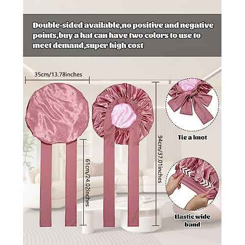 Satin Bonnet for Sleeping Cap Double Layer Hair Bonnet with Elastic Tie Band for Curly Hair Night Cap (Bean Paste + Pink)