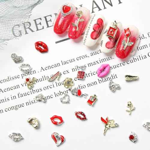27Pcs Valentine's Day 3D Nail Charms Press ON Nails Heart Nail Rhinestone Decals Lip Mark Shaped Nail Art Valentine Love Lips Beautiful Look for Nail Jewelry Lipstick Rose Alloy Nail Gems Decorations