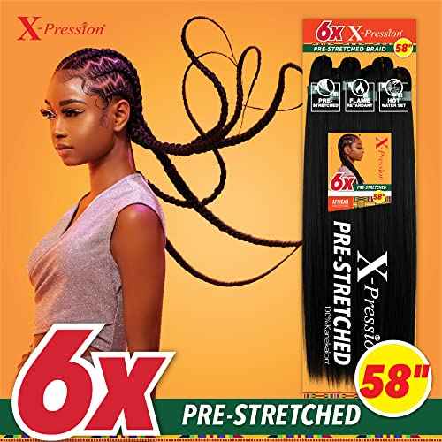Sensationnel X-pression prestretched braiding hair - 6x braid 58 inch all kanekalon flame retardant synthetic braid for box braids and twists (1B OFFBLACK)