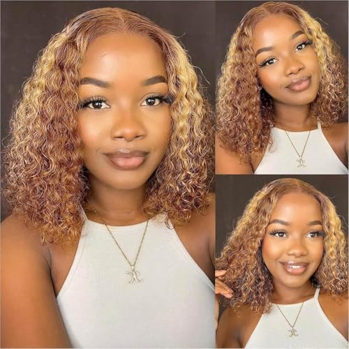 13x4 Honey Blonde Wig Human Hair #4/27 Highlight Ombre Lace Front Wig Human Hair 12 Inch Kinky Curly Bob Colored Wigs for Black Women 180% Density