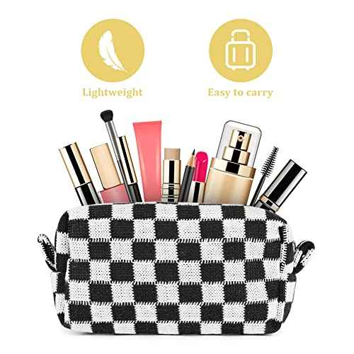2 Pcs Checkered Makeup Bags, Portable Travel Toiletry Bag with Zipper, Makeup Bag Storage Cosmetic Bag for Women (Black&Light Brown)