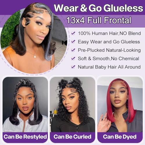 Bob Wig Human Hair 13x4 HD Lace Frontal Short Straight Lace Front Bob Wigs for Black Women Human Hair Pre Plucked Glueless Side Part 180% Density Black Color 14 Inch