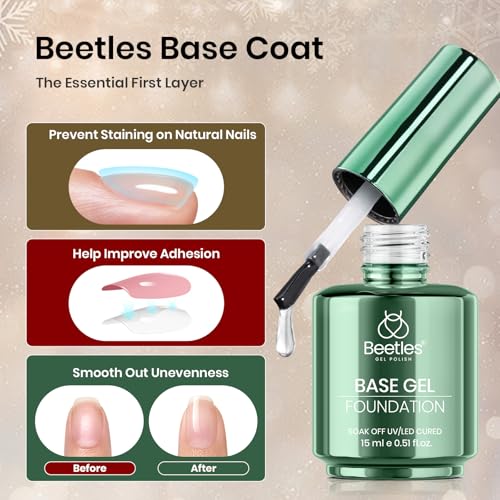 Beetles No Wipe Gel Top Coat and Base Coat Set, 2 Pcs 15ml Top Coat Gel Nail Polish & Gel Base Shine Finish Long Lasting, Soak Off LED Lamp Nail Art Design Manicure Gifts for Women Christmas Limited