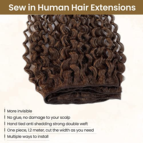 Curly Sew in Hair Extensions Real Human Hair, 22 Inch 120 Gram Chocolate Brown Deep Wave Weft Bundles Straight Silky Remy Hair Hand Tied Weft Extensions Brazilian Virgin Raw Hair Bundles for Women