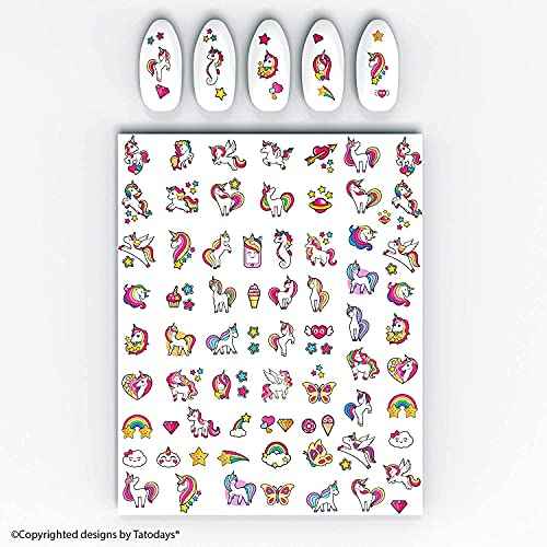 Unicorn Nails Stickers Rainbows Hearts Stars Cupcakes Cute Kids Fake Art Finger for Girls 6+ Years Decal kit Transfer Set Birthday Party Bags Children Stocking Filler Gift