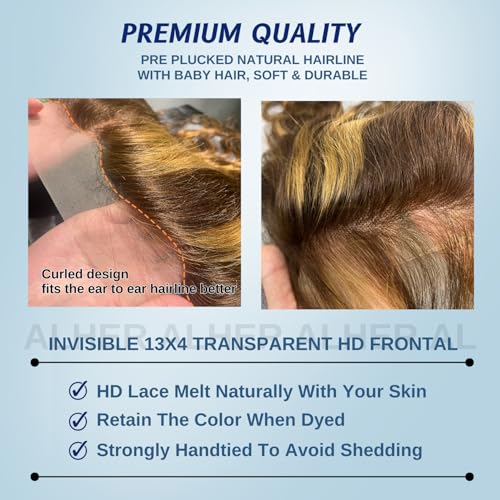 ALHER 4/27 Honey Blonde Highlight Body Wave Closure 13x4 Lace Frontal Human Hair Ombre Colored Wavy 12A Virgin Remy Hair Undetectable Transparent Melt Ear to Ear Lace Frontal Closure 20 Inch
