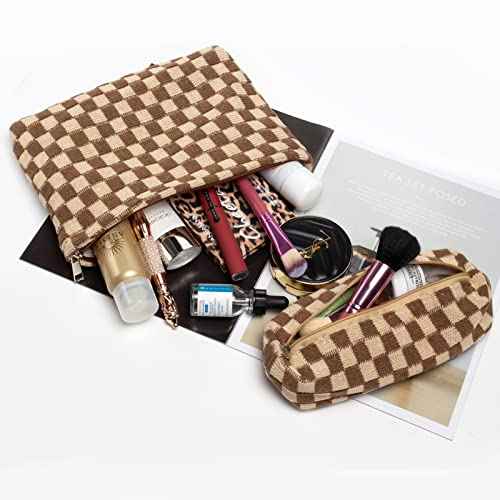 2 Pcs Small Makeup Bag, Checkered Cosmetic Bag and Makeup Brush Storage Bag Mini Makeup Pouch for Purse Cute Travel Cosmetic Bag Organizer Aesthetic Accessories Storage Bag Travel Essentials for Women