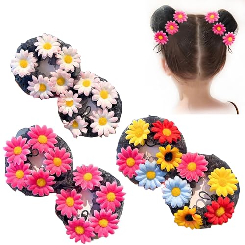 6pcs (3 Pairs) Colored Floral Bows Hair Bun Cover Hair Snood Mesh Net with String Medium Size Hair Bun Snood Hair Accessories for Ballet Dancers Kids Girls Women