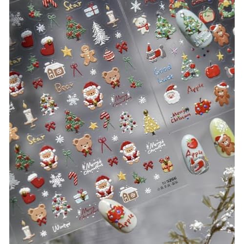 1 Sheet Christmas Nail Sticker Self- Adhesive Nail Decals with Cute Snowman Candle Snowflake Bow Elk Santa Claus Design Xmas Nail Art Stickers for Women Winter Holiday Nail Sticker