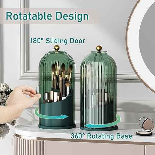 GAXmi Makeup Brush Holder with Lid Cosmetic Tools Organizer 360 Rotating Waterproof Dustproof Beauty Brushes Storage for Vanity, All Green