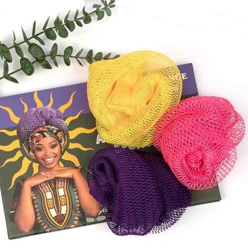 African Net Sponge Authentic 3 Pieces with Storage Bag, African Exfoliating Net Sponge Washcloth, Exfoliating Body Scrubber Bath Sponge Bathing Accessories (Rose, Purple, Bright Yellow)