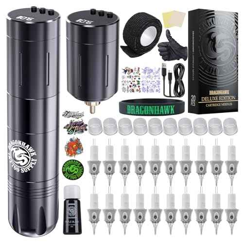 Dragonhawk Wireless Complete Tattoo Kit Pro Beginner Tattoo Gun Machine 2 Rca Batteries Power Supply 20 Tattoo Needles Cartridges