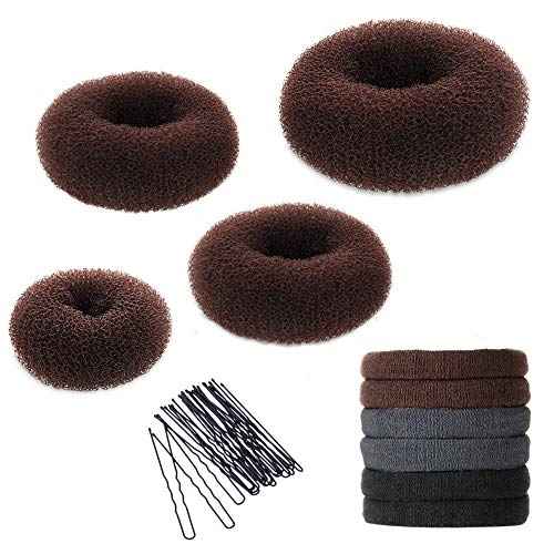 YaFex Hair Bun Maker Kit, Donut Bun Maker 4 Pieces (Large, Medium and Small), 6 Pieces Elastic Hair Ties, 20 Pieces Hair Bobby Pins, Brown