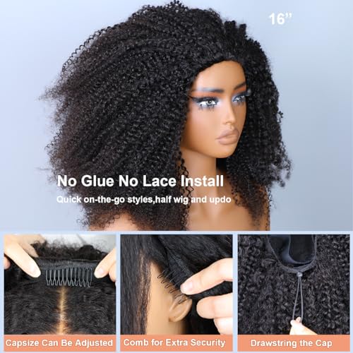 Domiso Afro Kinky Curly 3 In 1 Half Wig Human Hair Seamless Kinky Curly Flip Over Invisible Hairline Glueless Install Drawstring Band Clip in Wig No Sew In Black Color Bob Wig16 Inch