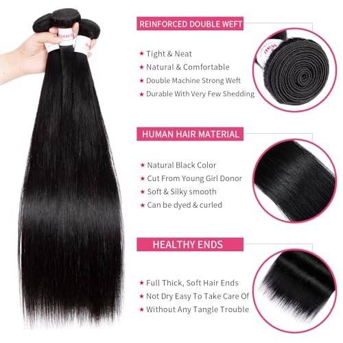 12A Straight Bundles Human Hair 16 18 20 Inch 100% Unprocessed Brazilian Virgin Hair Bundles Straight Hair 3 Bundles Weave Bundles Human Hair Extension