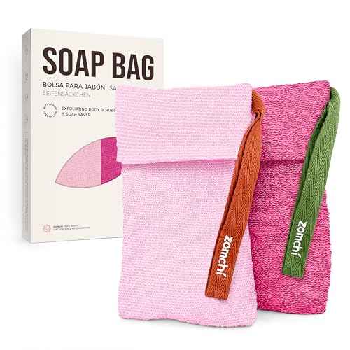 ZOMCHI Soap Bags, Soap Savers for Bar Soap with Different Exfoliating Level, Soap Pouch for Body Wash (2 Pieces, Pink)
