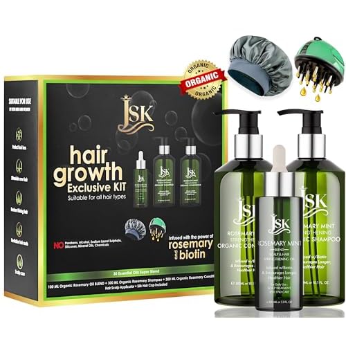 JSK Hair Growth Shampoo & Conditioner Set Biotin & Rosemary for Thinning Hair, DHT Blockers, Hair Care Kit for Men & Women, Includes Scalp Massager & Bonnet, Sulphate-Free Thickening & Moisturizing