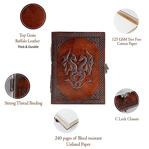 Handmade Leather Double Dragon Journal | Writing Notebook Diary | Bound Daily Notepad for Men & Women Unlined Paper Medium, Writing pad for Artist, Sketch