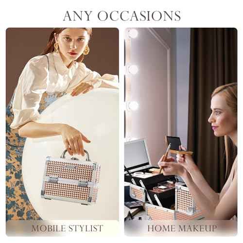 FRENESSA Makeup Case Train Case Portable Makeup Box with Mirror Lock Box Travel Cosmetic Train Cases Hard Makeup Organizer for Nail Craft Storage Vanity Rose Gold