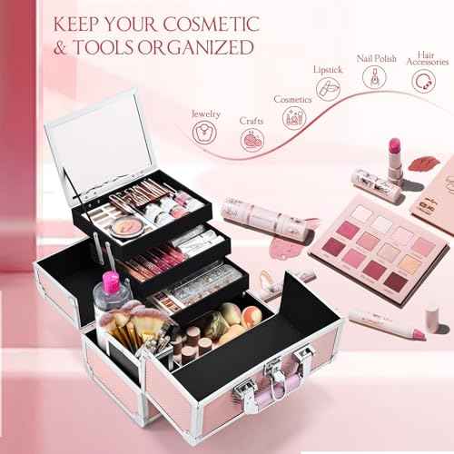 Joligrace Makeup Train Case Cosmetic Box 11.8 Inches Jewelry Organizer Professional 3 Tiers Trays with Mirror and Brush Holder Lockable Key Portable Travel Mermaid Pink