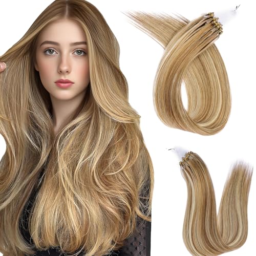 Microlink Hair Extensions Human Hair Microbead 100% Remy Hair #60/7 Chocolate Brown Mix Caramel Blonde 22inch 40G MicroLoop Extensions Real Human Hair Blonde Natural Look & Salon Quality