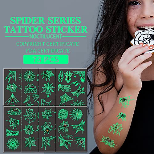 73PCS Luminous Halloween Spider Web Temporary Tattoos for Kids, Costume Makeup Glow in the Dark Fake Tattoo Stickers, Face Cosplay Holiday Party Favors Gifts for Adults Classroom School Prizes Reward