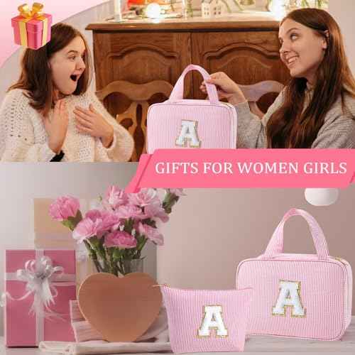 YOOLIFE Personalized Birthday Gifts for Women Teen Girls - Hanging Toiletry Bag Makeup Bag for Women Girls, Initial Toiletry Bag Makeup Bag, Letter A, Pink