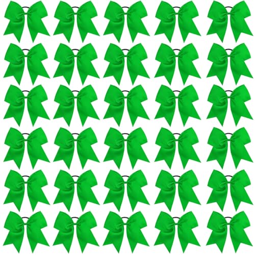 CN 30PCS 8" Large Cheer Bows, Cheerleading Bows Ponytail Holder for Girls, Grosgrain Ribbon Cheer Hair Bows with Elastic Hair Tie for Cheerleader College Sports Softball Competition (Green)