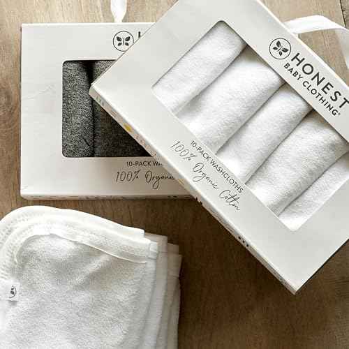 HonestBaby 10-Pack Terry Wash Cloths in Gift Box 100% Organic Cotton for Infant Baby Boys, Girls, 10-Pack White, One Size