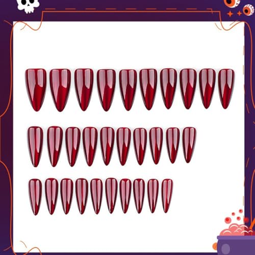 30Pcs Red Press on Nails Halloween Cute Glitter Fake Nails Medium Almond Nails Press on Solid Color False Nails Glossy Acrylic Stick on Nails Reusable Glue on Nails for Women Girls