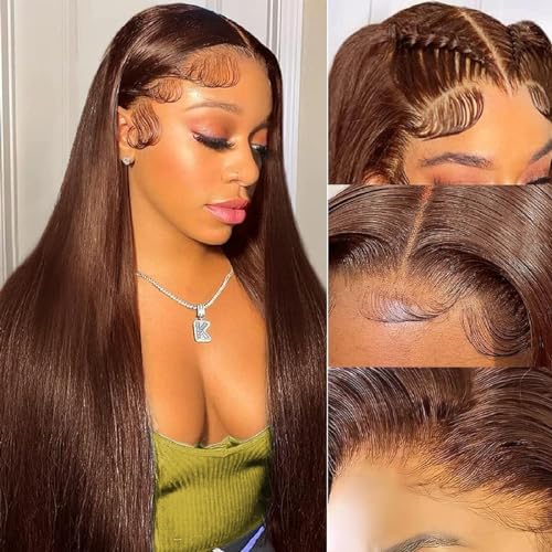 200 Density Brown Straight Lace Front Wigs Human Hair 20 Inch Chocolate Brown Human Hair Wig Straight 13x4 HD Transparent Lace Frontal Wigs Pre Plucked 4# Colored Wig