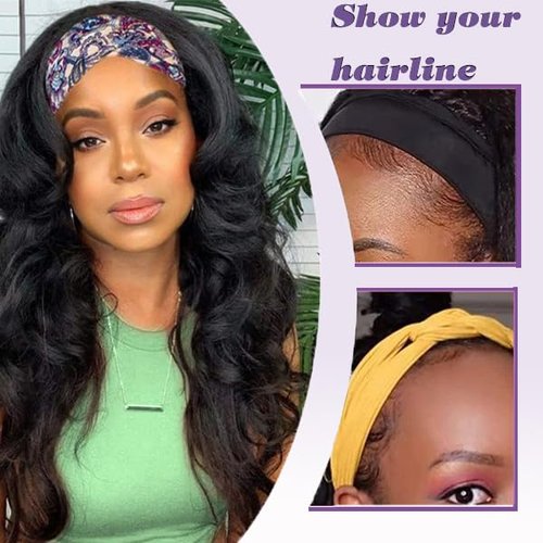Prisyfab Body Wave Headband Wig Headband Wigs for Black Women Human Hair Glueless Wear and Go Glueless 100% Brazilian Virgin Human Hair Headband Wig 150% Density (22inch)