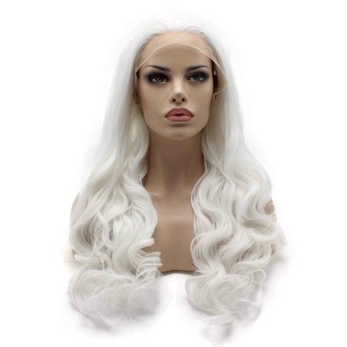 Lushy Long 24inch Wavy White Wig Heat Resistant Heavy Density Realistic Synthetic Lace Front Wig