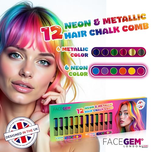 12 Hair chalks comb, 12 NEON & METALLIC hair chalk, Non-Toxic Easy Washable Hair Dye Colourful, METALLIC & NEON hair chalk -Perfect for Festivals, Halloween, Party, hair chalks for girls