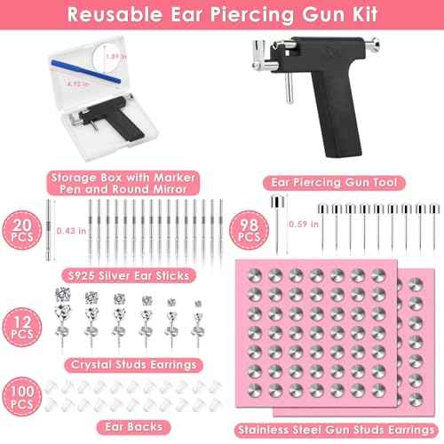 Professional Ear Piercing Gun Kit, Reusable Piercing Gun with Stainless Steel Piercing Earrings Studs, Crystal Earrings for At Home Salon Earlobe Cartilage Helix Tragus Piercing Tool Kit