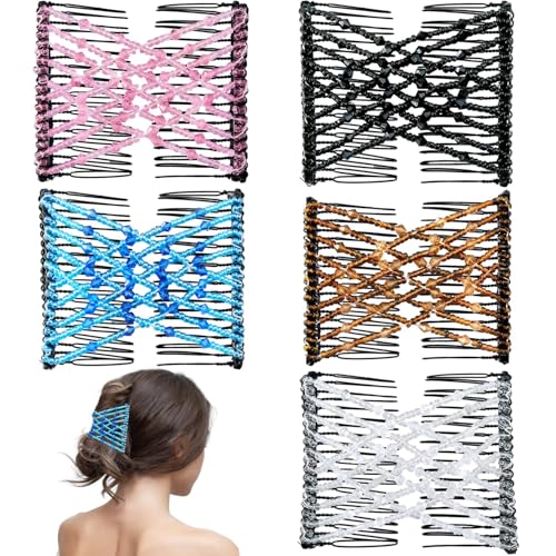 5 Pieces Magic Hair Comb Stretchy Double Comb Elastic Beaded Hair Clips for Women Girls Vintage Hairstyle Multipurpose Hair Accessories (Black, Brown, White, Pink,Blue)