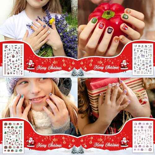 Leesgel Christmas Nail Stickers for Kids Women 450pcs, Christmas Nail Decals Charms, Christmas Stocking Stuffers for Kids Women Designs with Santa, Snowman, Elk, Glove, Sock, Bell