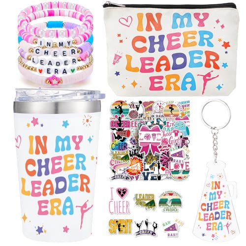 5Pcs Cheerleader Gifts Set for Women Including 12oz Cheer Tumbler, Makeup Bags, 5 Cheerleading Bracelet, Stickers, Keychain for Cheer Team & Lovers